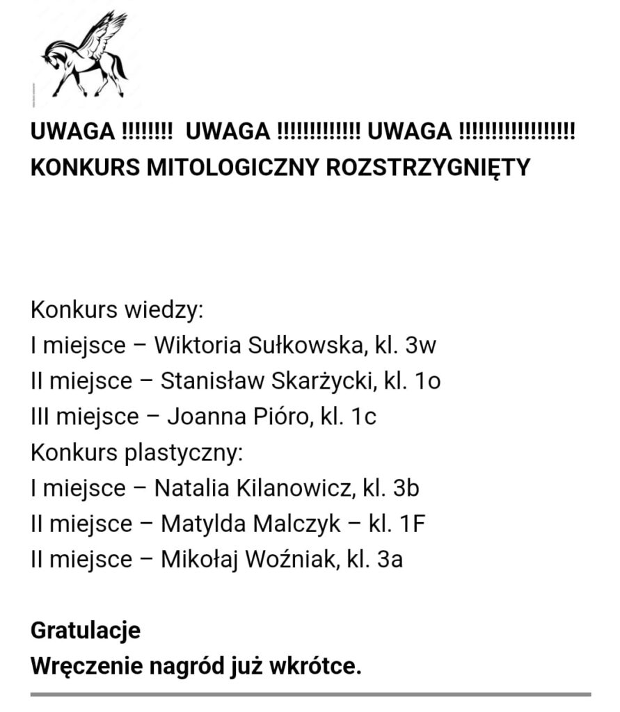 Rozstrzygnięcie konkursu mitologicznego