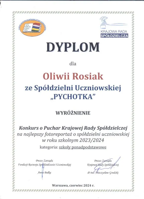 Wyróżnienie w ogólnopolskim Konkursie o Puchar Krajowej Rady Spółdzielczej