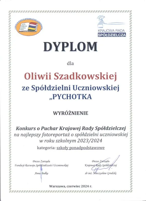 Wyróżnienie w ogólnopolskim Konkursie o Puchar Krajowej Rady Spółdzielczej