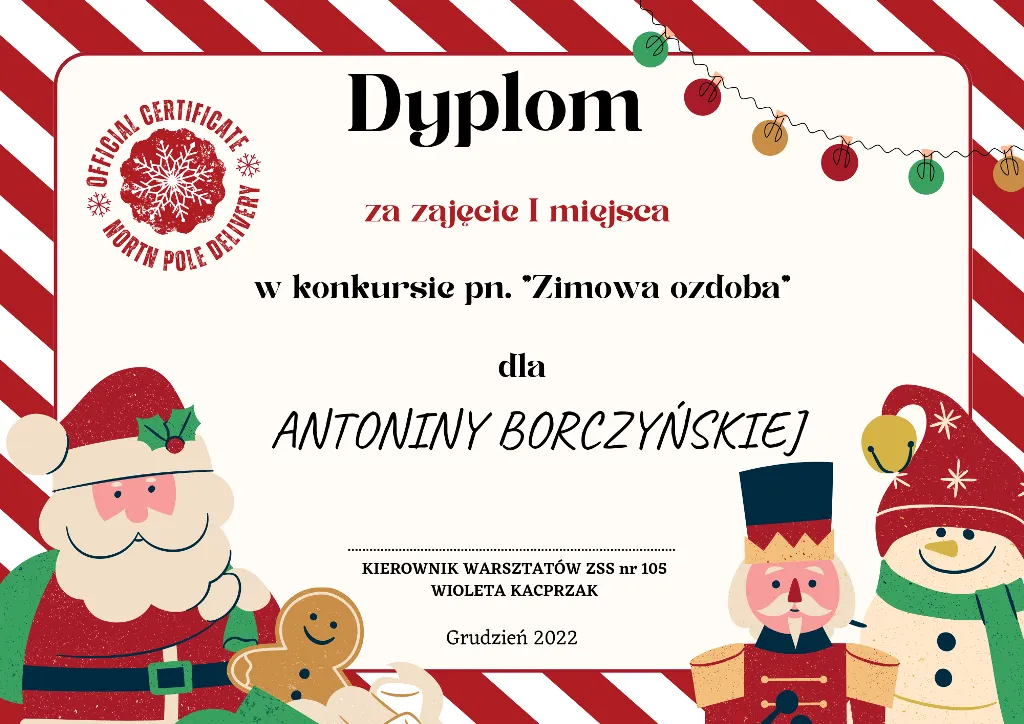 Dyplom konkursu "Zimowa ozdoba"
