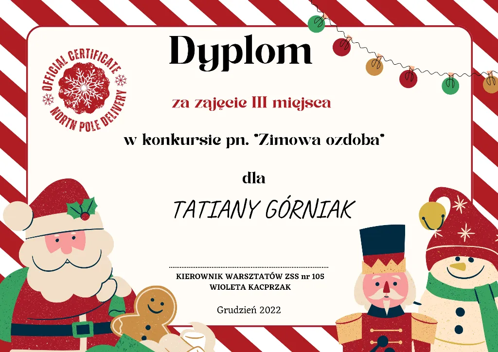 Dyplom konkursu "Zimowa ozdoba"